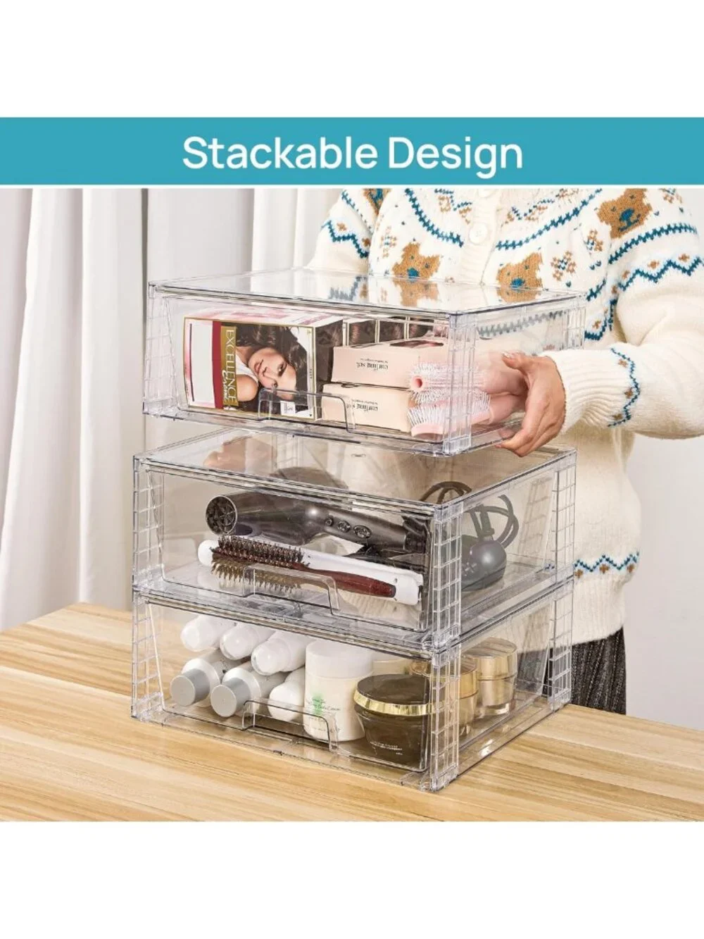 2 Pack Large Stackable Clear Acrylic Storage Drawers for Bathroom & Kitchen